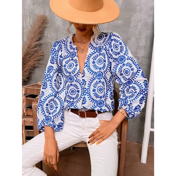 Boho Floral Print Lantern Sleeve Blouse blue white - Picture 1 of 3